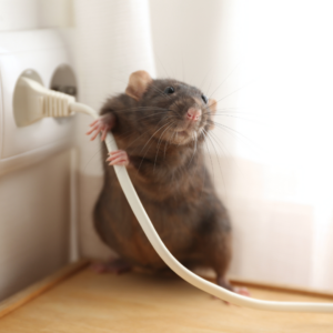 rat holding onto a cord plugged into a wall