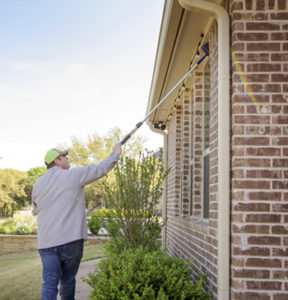 An 855Bugs pest control expert walks the perimeter of a house sweeping the window for spiders.