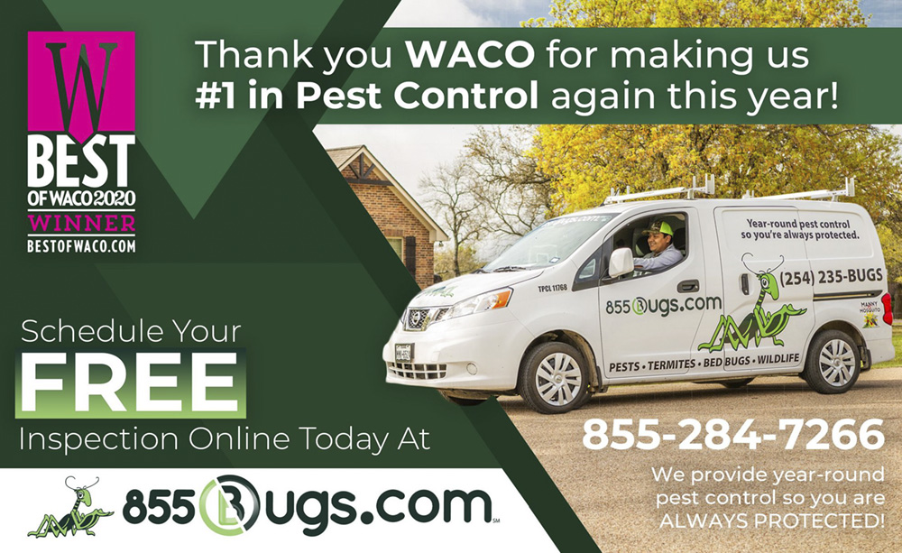 A graphic thanking Waco, Texas for voting 855Bugs the #1 pest control company.