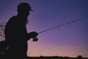 The silhouette of a man fishing is shown against a purple sky with flying insects all around.