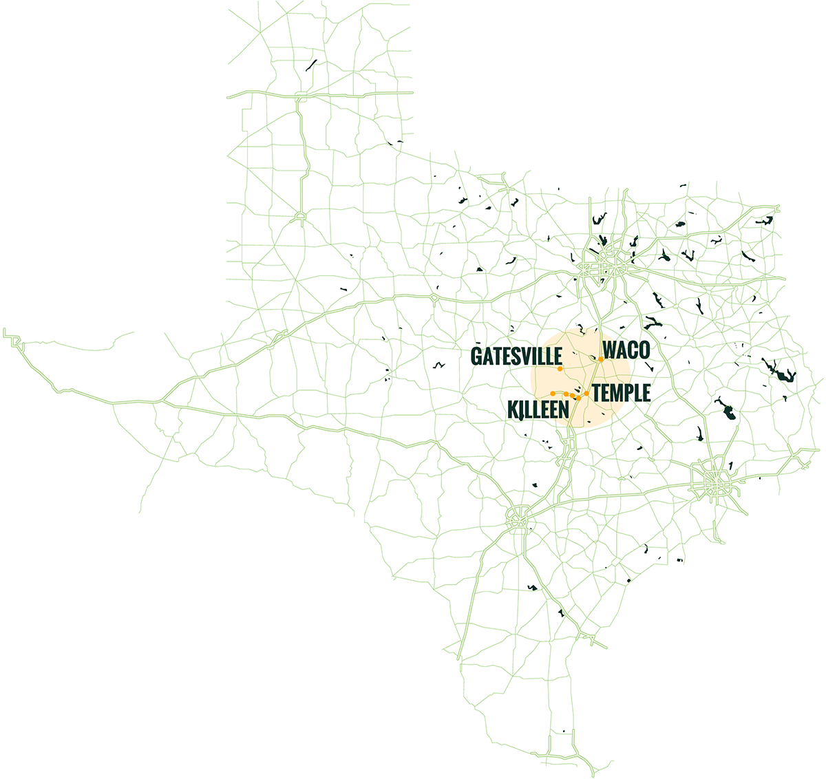 A graphic of Texas showing 855Bugs coverage areas in Waco, Temple, Killeen, and surround areas.
