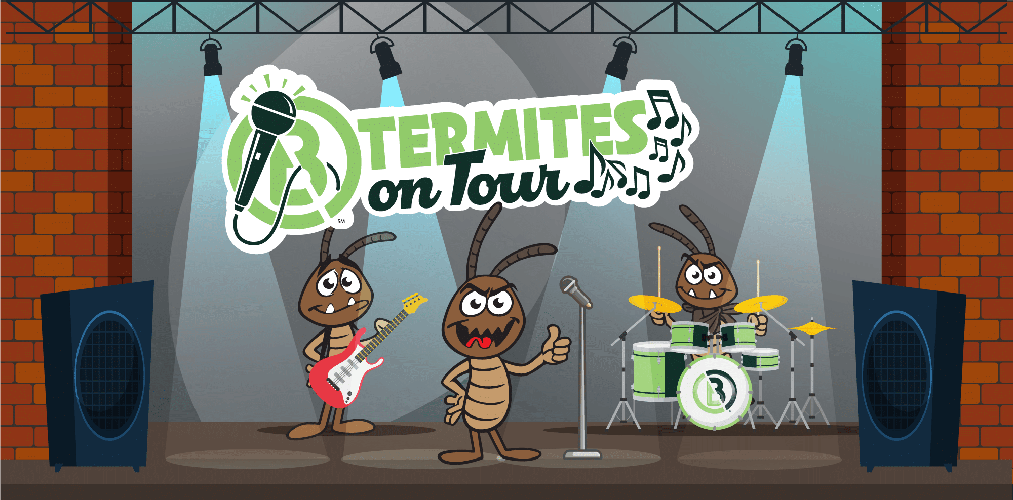 A comic book style graphic with a green striped background. An illustrated brown bug stands in the corner with white wording that says Bad Bugs Of Summer.